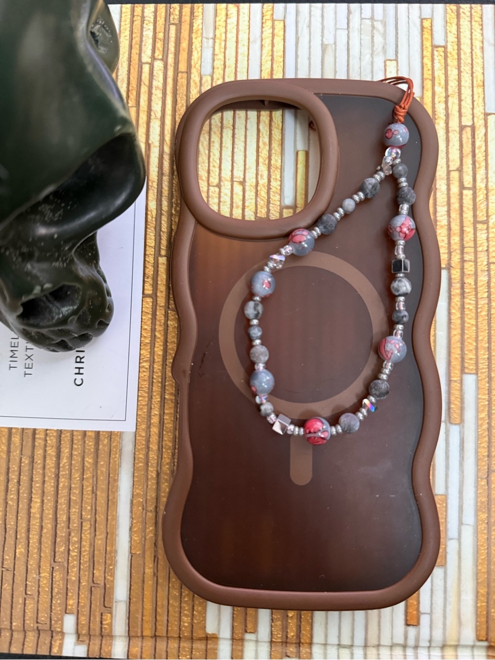 Beaded Phone Charm- Gray and Pink ish Marble Beads